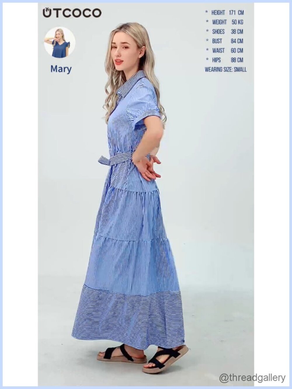 Womens Button Down Tie Waist Ruffled Striped Maxi Shirt Dress Short Sleeve - Picture 6 of 6